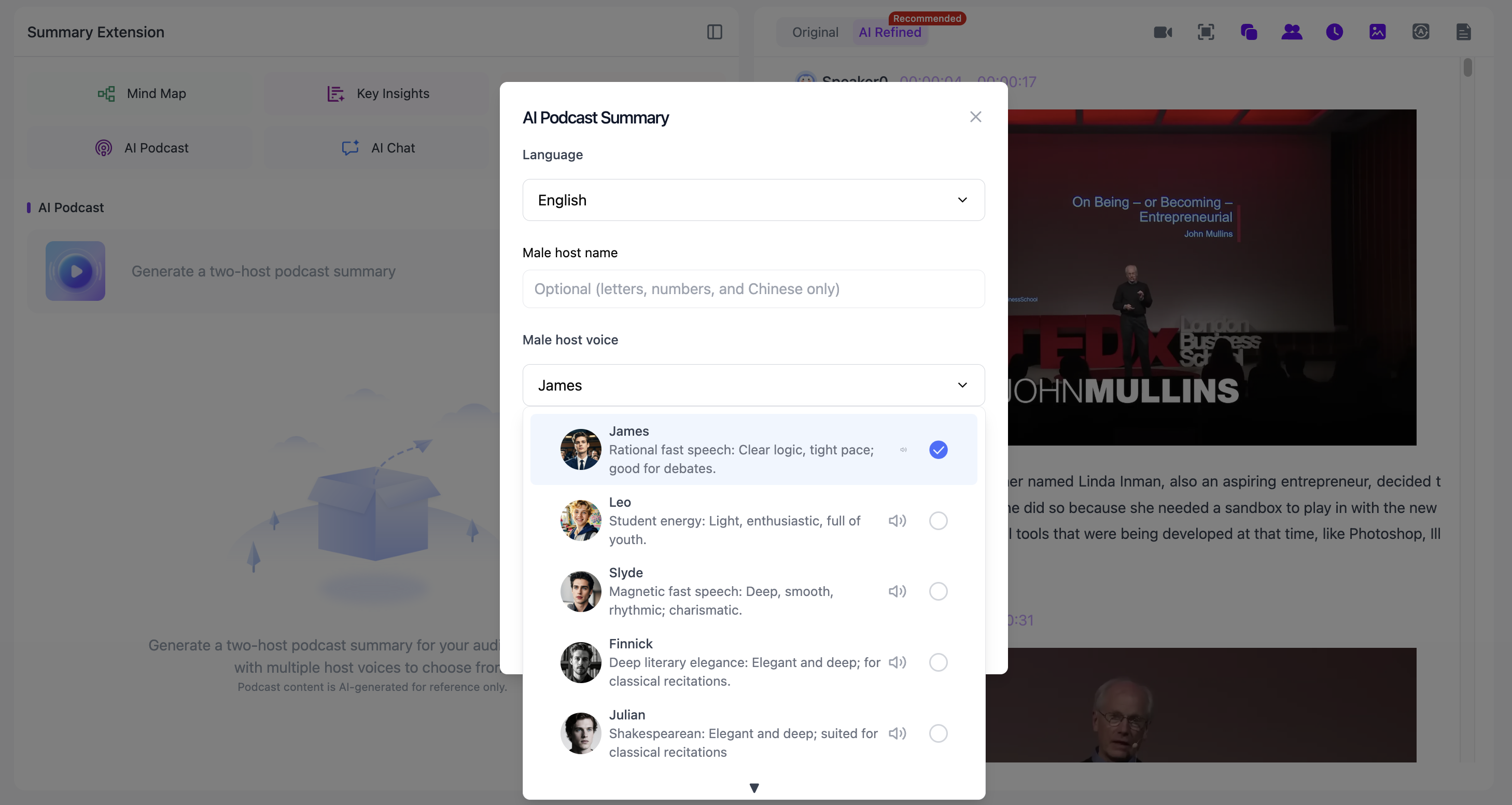 NoteAi AI Podcast settings for customizing speaker names, language and voice styles