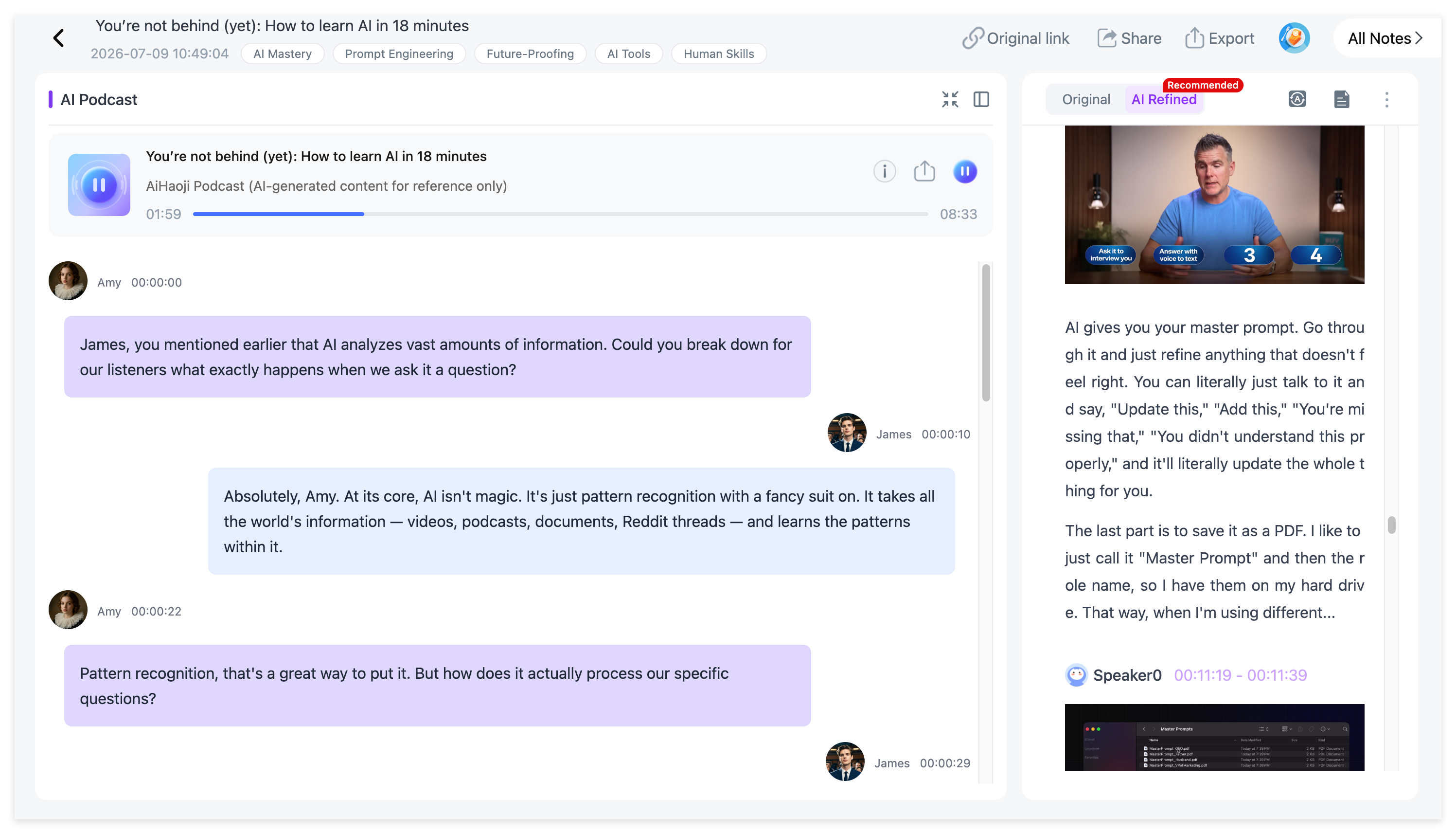 NoteAi AI Podcast playback page for reviewing summarized podcast material in conversational audio form
