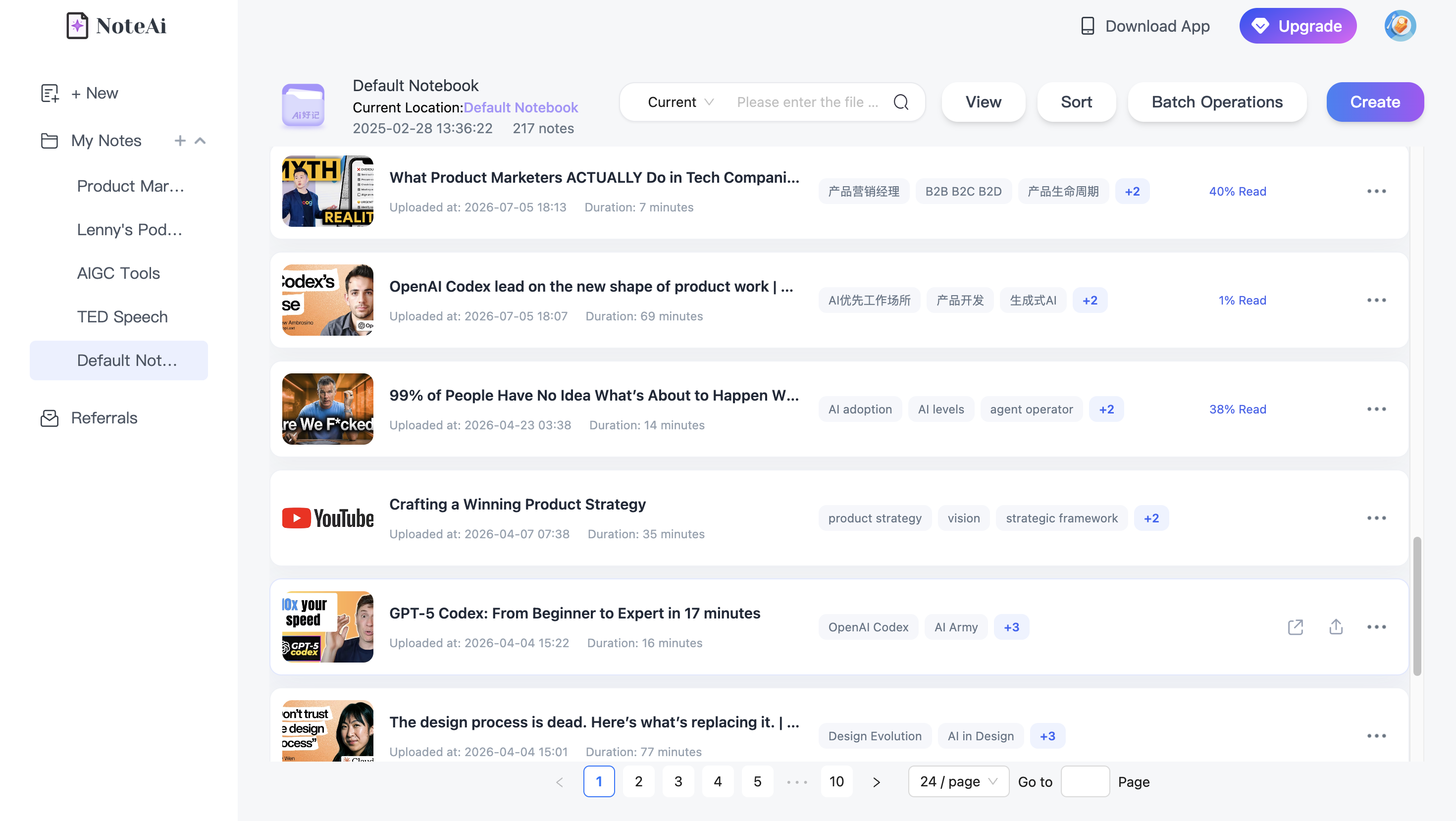 NoteAi knowledge-base view for storing and searching long-video notes after processing