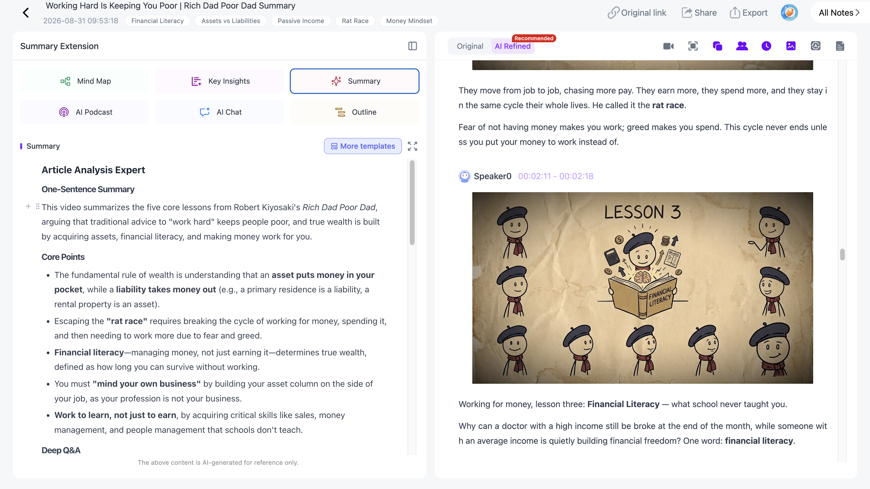 NoteAi podcast summary page for reviewing key points from a long episode