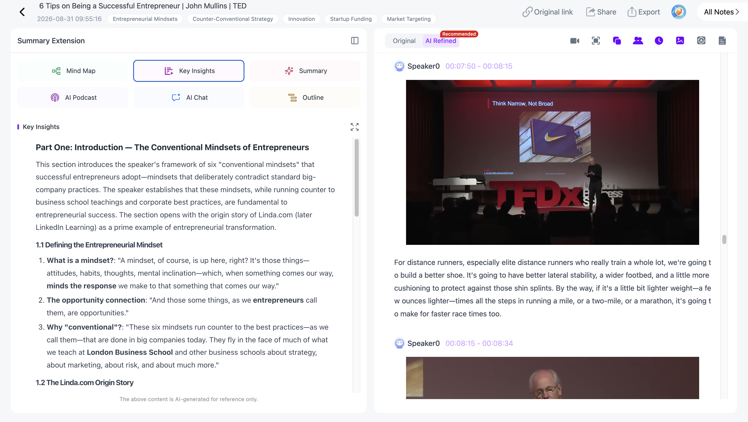 NoteAi long-video note view with highlights and readable detailed notes for faster review