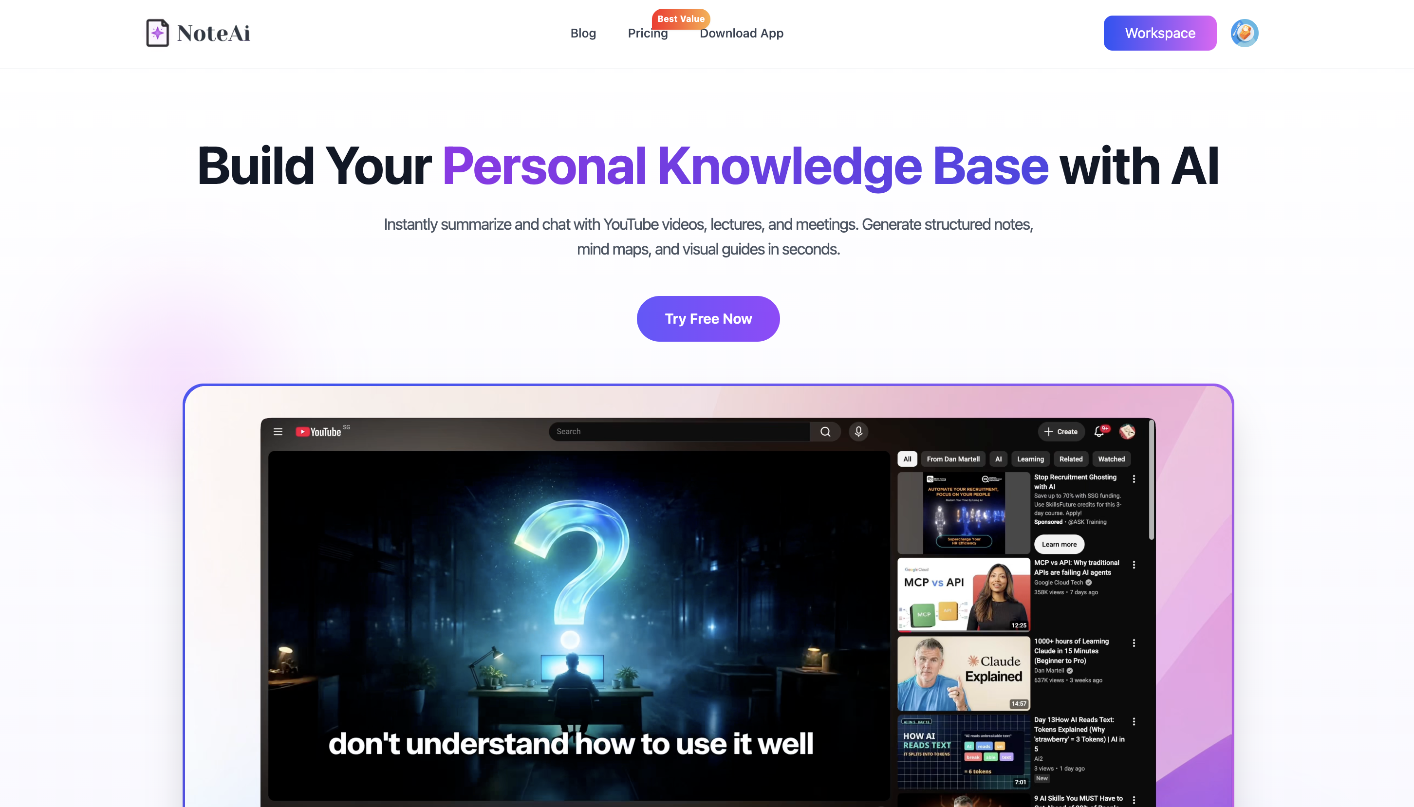 NoteAi website for turning long video and audio into structured notes