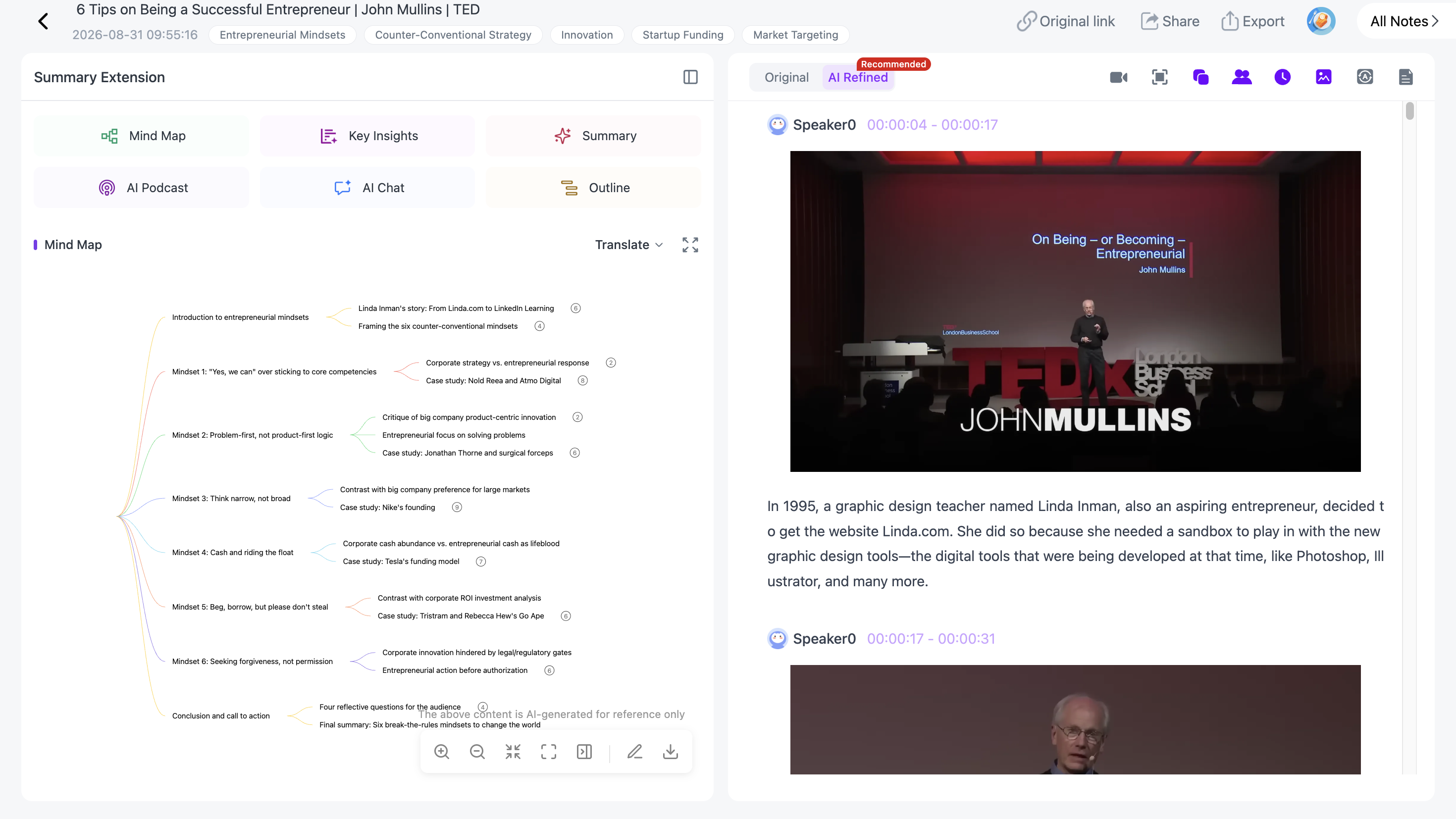 NoteAi parsed video-note workspace combining extracted visual notes and source structure